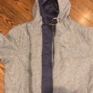 TOMMY HILFIGER Mens Grey Winter Coat Quilted Lining  Double Zipper Hood Sz MED